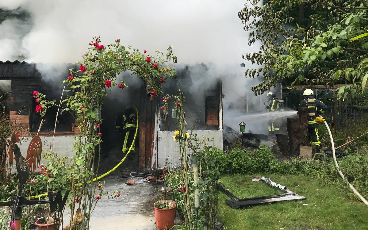Ausgebrannte Laube mit Pflanzen drumherum