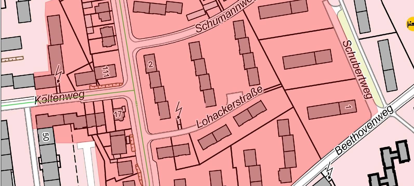 Folgende Straßen sind betroffen: Lohackerstraße 84-106 und 87-121, Griegweg 1-19 und 2-14, Keltenweg 8-12 und 7-17, Sachsenring 66, Beethovenweg 1-23, Schubertweg 1-17 und Schumannweg 2-24