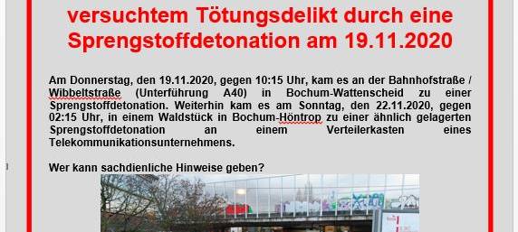 5-tausend Euro Belohnung für Hinweise nach Explosionen in Wattenscheid