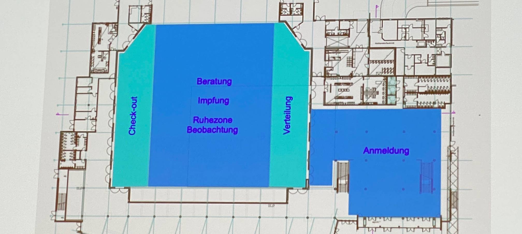 Ein Bauplan zeigt die geplante Raumaufteilung des Corona-Impfzentrums im Bochumer Ruhrcongress