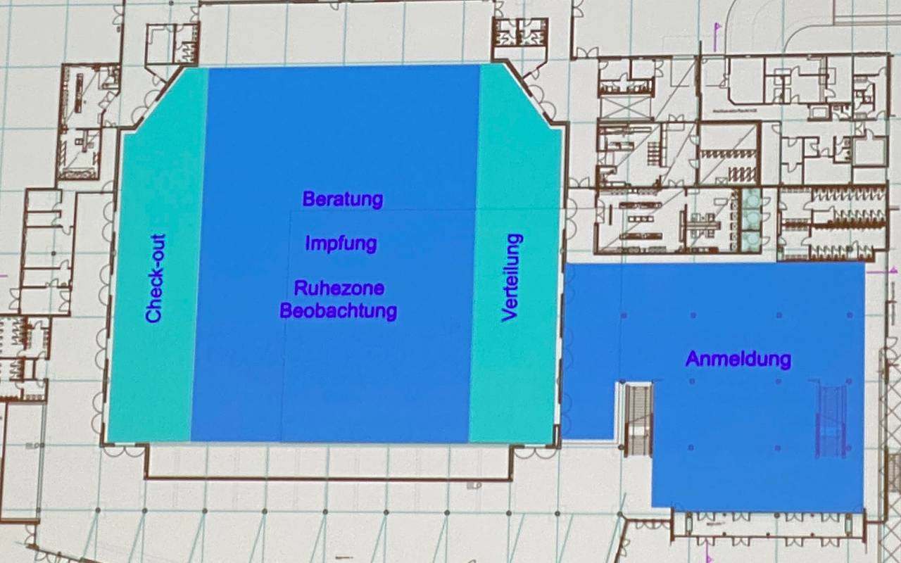Ein Bauplan zeigt die geplante Raumaufteilung des Corona-Impfzentrums im Bochumer Ruhrcongress
