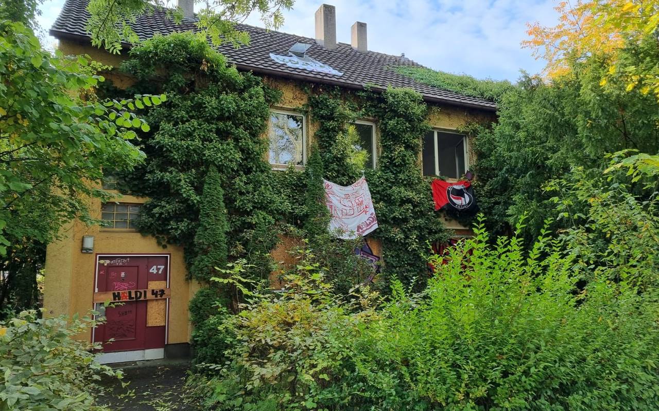 Haus aus dessen Fenstern Plakate hängen