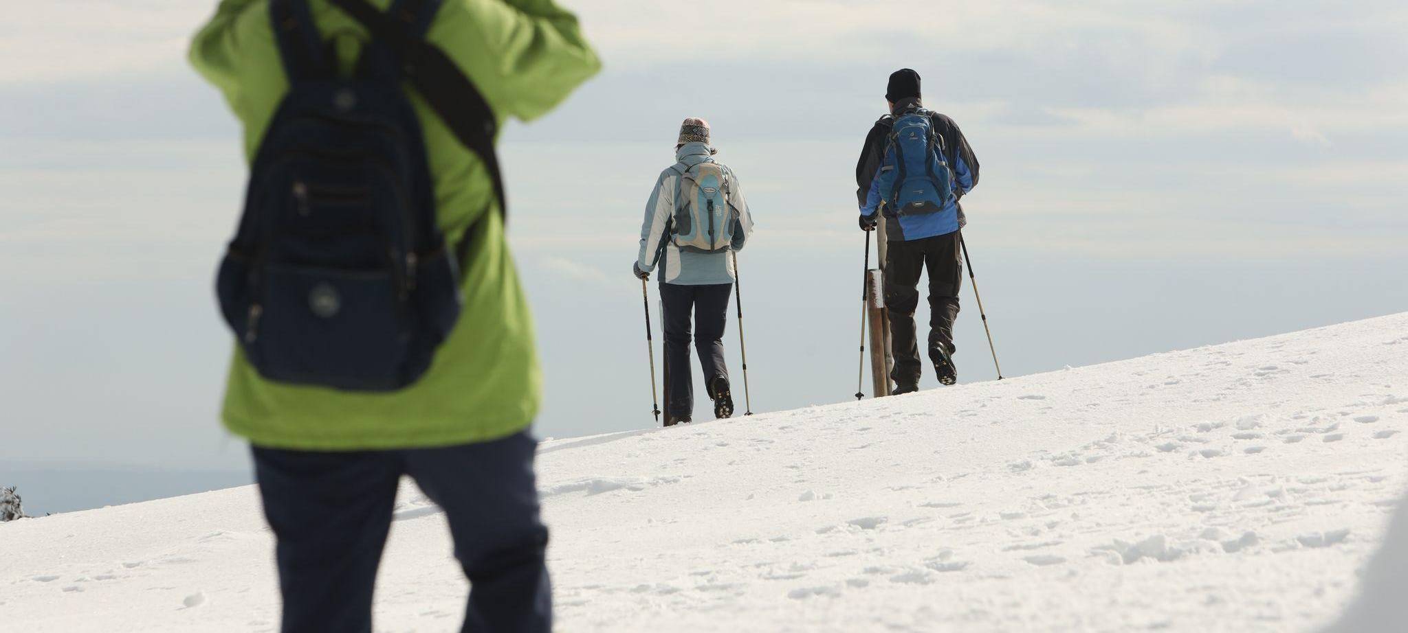 Wanderer gehen über den schneebedeckten Brocken