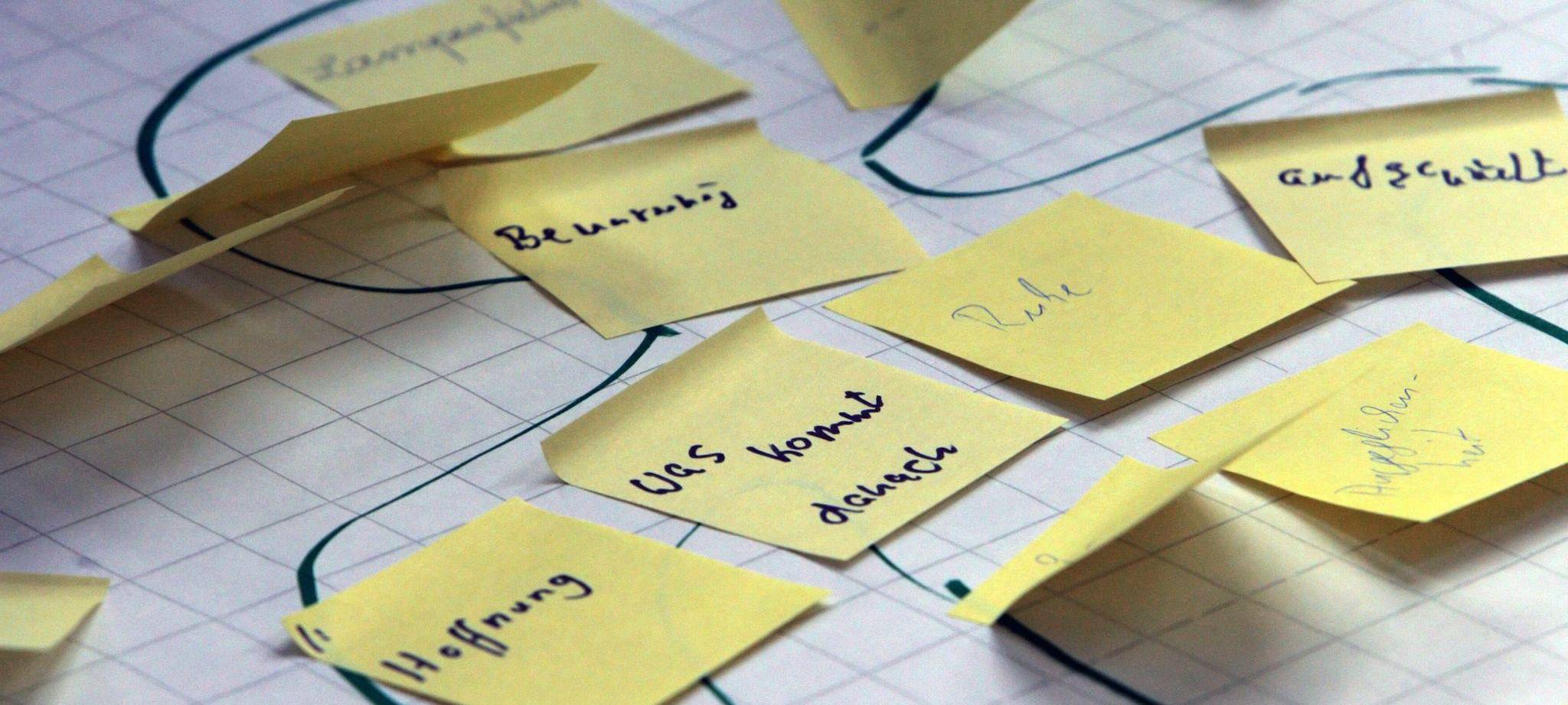 Gefühle von Patienten stehen auf Zetteln einer Gruppentherapie