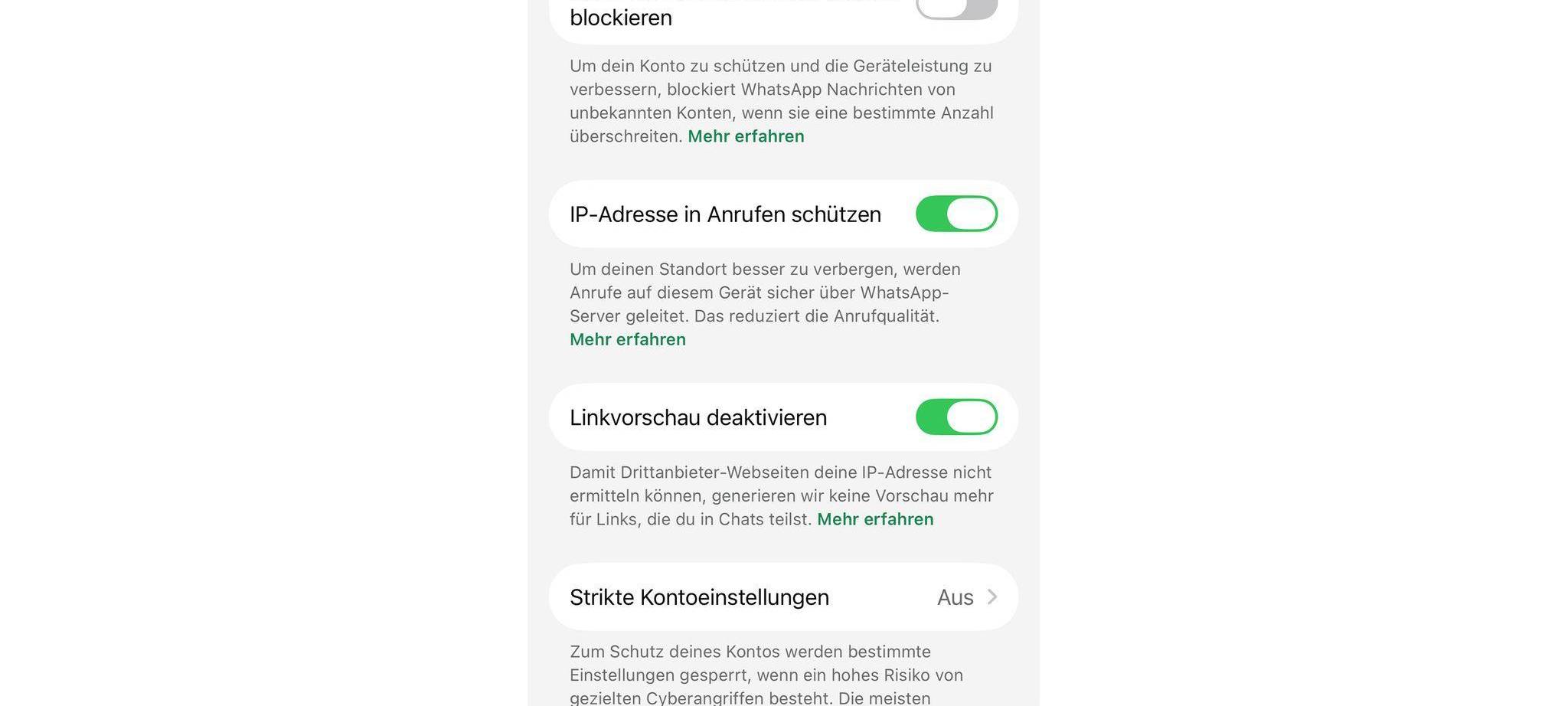 Screenshot der WhatsApp-Datenschutz-Einstellungen